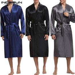 Fashion Silk Satin Mens Sleepwear Robe Long Sleeve Autumn Long Bathrobe Lightwear Removable Belt Pockets Gown Pajamas2730