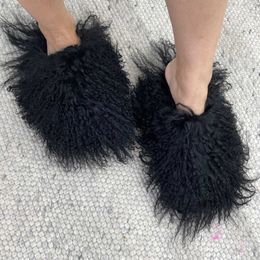 Slippers New Design Flat Bottom Fluffy Fuzzy Shoes Long Sheepskin Slide Women Mongolian Fur Slippers lady winter fashion warm J2eK#