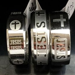 30pcs Mixed Etched JESUS Silver Rings Mens Engraved Cross Religious Stainless Steel Ring High Quality Comfort fit Man Ring Wholesa289k