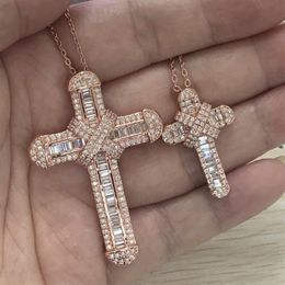 Choucong Unique Luxury Jewelry 925 Sterling Silver&Rose Gold Fill Full Princess Cut White Topaz CZ Diamond Cross Pendant Clavicle 3045