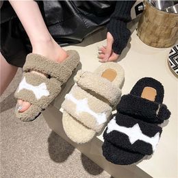 Luxury designer wool slippers buckle latch womens flat comfort soft sandals mules winter fur fluffy furry letters casual embroidery slippe