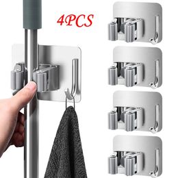 Kitchen Towel Hooks Wall Mounted Mop Holder Self Adhesive Broom Hook Organise Stainless Steel Storage Bathroom Accessories 231018