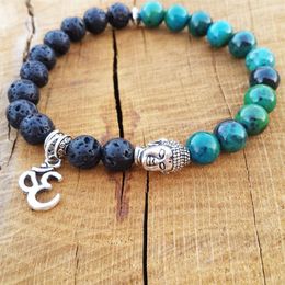 SN1097 Mens Beaded Tierracast Buddha Yoga Bracelet Ohm Charm Bracelet Black Lava and Turquoise Bracelet 228L