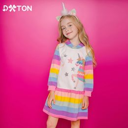 Girl's Dresses DXTON Kids Hooded Dress Girl Autumn Fall Spring Winter Striped Cotton Unicorn Appliqued Hoodies Clothing 231018