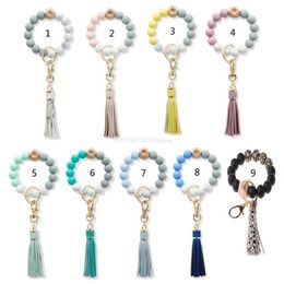 Link Chain Natural Wood Eye Charm Bracelet Keychain Wristlet Leather Tassel Food Grade Silicone Bead Key Ring For Women Dropship266x