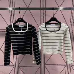 Knitwear Womens Striped Base Top U Neck Fashion Design Letter Embroidery Slim Long Sleeve Casual T Shirt