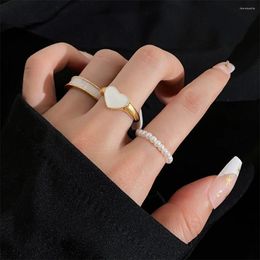 Wedding Rings EN 3pcs Gold Color Set Heart Pearl For Women Korean Open Trendy Fashion Jewelry Accessories