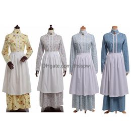 Mardi Gras Costume For Women Vintage French Style Floral Dress Colonial 18Th Century Historical Blue Long Sleeve Apron Bonnet Drop D