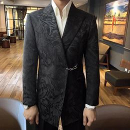 Men's Suits Streetwear Casual Buckle Single Blazer Hombre Decorative Jacquard Jacket Stage Terno Masculino Prom For Men Black