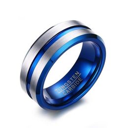 Men's Polished Grooved Tungsten Carbide Rings 8mm Blue Brushed Hammered Wedding Bands Step Edge RING SIZE 6-132982
