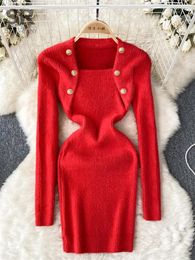 Casual Dresses SINGREINY Sweater Mini Dress Women Winter Button Square Neck Long Sleeve Solid Elastic Waist Ladies Warm Knit Slim