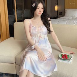 Women's Sleepwear Sexy Summer Ice Silk Night Dress Women Fairy Satin V Neck Sleeveless Nightdress Cute Lace Nightgown Princess Nightwear