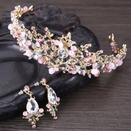 Exquisite Beaded Crystal Bridal Tiara Earrings Handmade Prom Quinceanera Pageant Wedding Crown Earrings Set Three Colors Pink Gold287c