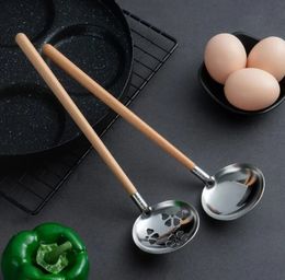 Japanese Style Beech Wood Stainless Steel Soup Ladle Long Handle Wooden Spoon Kitchen Cooking Utensil 0523