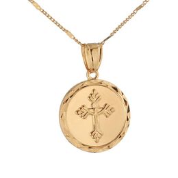 24K Gold Plated Catholic Round Medal Jesus Cross Christ Crucifix Pendant Necklace Trendy Cross Chain Jewelry310R