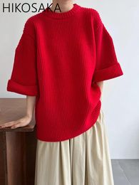 Women's Sweaters Minimalism Solid Elegant O-neck Jumpers Drop Shoulder Half Sleeve Pullover Women 2023 Autumn Knitwear
