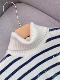 Women's Sweaters 2023 Fall Winter Fashion Sequin Wool Blend Turtleneck Sweater Pullover Women French Classic Stripes Long Sleeve Knit Top