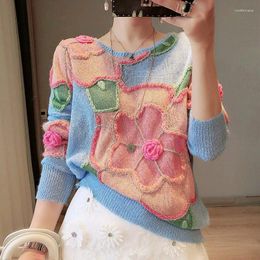 Women's Sweaters Crochet 3D Floral Embroidey Knit Sweater Women See Through Thin Pullover 2023 Round Neck White Knitwear Tops