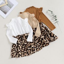 Girl Dresses 2-7years Kid Leopard Patchwork Dress Long Sleeve Round Neck Bowknot Decoration A-Line For Girls
