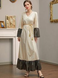 Ethnic Clothing Middle Eastern Muslim Women's Spring And Summer High Waisted Gold Print Contrast Stitching Lace Up Dress Robe European