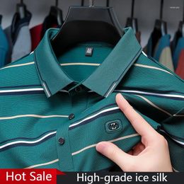 Polos masculinos homens manga comprida gelo seda polo camisa delicada impressão amigável da pele t-shirt 2023 outono moda simples negócios casual tops
