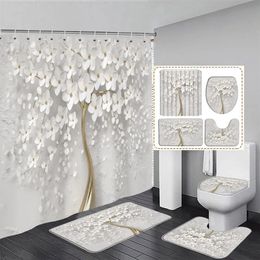 Shower Curtains Elegant Bouquet of Fantastic White Flowers 3D Style Curtain Bathroom with Bath Rug Carpet Set Floral Home Decor 230819