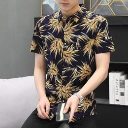 Men's Casual Shirts High Quality Mens Mercerized Cotton Tops 2023 Summer Fashion Leaf Patterns Printing Shirt Pure Dress Short Sleeved