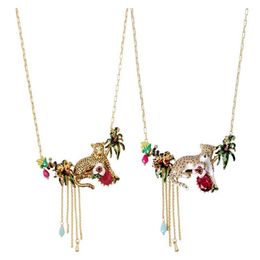 Luxury Leopard Gem Tassel Necklace Exaggerated Pendant Animal Gem Flowers Necklaces For Women Party Jewelry Accessories292e