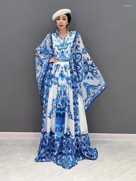 Casual Dresses Vefadisa Fashion Chinese Style Trend Blue And White Porcelain Print Loose Long Vintage Dress Causal Large Thin Soft LWL001