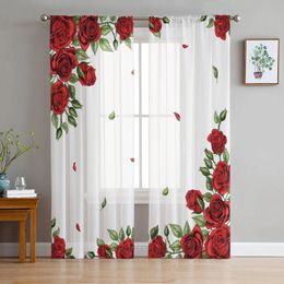 Curtain Valentine'S Day Rose Red Flowers Tulle Curtain Living Room Luxury Sheer Curtain Home Decor Chiffon Drapes Gauze Window Curtain 231019