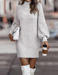 Basic Casual Dresses Women Knitted Sweater Dress Fall Winter Solid Lantern Long Sleeve Turtleneck Ribbed Mini Cocktail Party Streetwear 231018