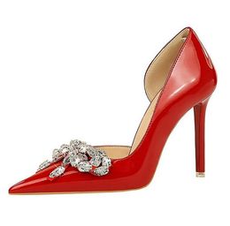 Nude Heels Women Pumps Rhinestone Bowknot High Heels Patent Leather Women Shoes Stilettos Luxury Party Shoes Pumps