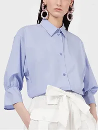 Women's Blouses Women Three Quarter Sleeve Blouse White Or Blue Top Turn-down Collar Single Breasted Female Shirt