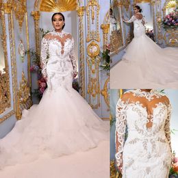 Mermaid Plus Size Lace Wedding Dresses Appliqued Beaded Bridal Gowns With Long Sleeves Sheer Jewel Neckline Sweep Train Vestido De Novia