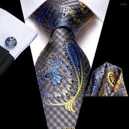 Bow Ties Grey Blue Paisley Silk Wedding Tie For Men Handky Cufflink Gift Necktie Fashion Business Party Dropship Hi-Tie Designer