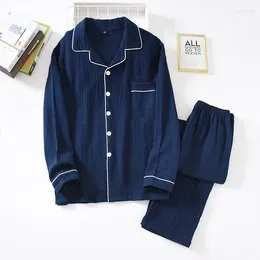 Women's Sleepwear Couple Suit Cotton Soft Breathable Long-sleeved Trousers Crepe Simple Solid Color Men Home Service Women Pajama Set