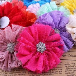 Decorative Flowers 5pcs/lot 7CM 15 Colors Excellent Artificial Chic Shabby Fabric Lace Mesh Flower Accessories Alloy Snow Rhinestone Button