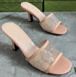 2024 New Mesh Slippers Women Fashion Rhinestone Decoration 7CM Thick Heel Sandals Luxury Designer Shoes Casual Open Toe Beach Slipper