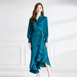 Casual Dresses 2024 Spring Autumn Orange Satin Ruffles Midi Dress Runway Elegant Women V Neck Lantern Sleeve Lace Up Party Mermaid Vestidos