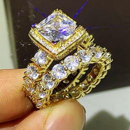 Sparkling Luxury Jewellery 925 Sterling Silver&Gold Fill Princess Cut White Topaz CZ Diamond Gemstones Women Wedding Bridal Ring Set271B