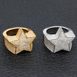 Men's Fashion Copper Gold Color Plated Ring Exaggerate High Quality Iced Out Cz Stone Star Shape Ring Jewelry252l