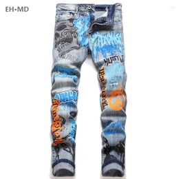 Men's Jeans Broken Hole Men Graffiti Skull Embroidery Worn High Elastic 3D Inner Zipper Bleached Slim Fit Pants Soft Feet24