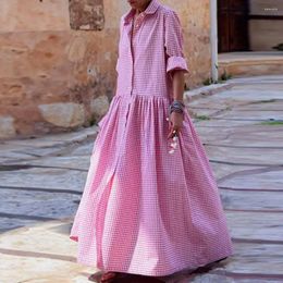 Casual Dresses Women Fall Dress Plaid Print A-line Maxi Stylish Women's Fall/spring Fashion With Big Hem Long Sleeves Single-breasted