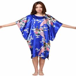 Women's Sleepwear Sexy Female Silk Rayon Robe Bath Gown Nightgown Summer Casual Home Dress Printed Loose Plus Size Nightwear 2750