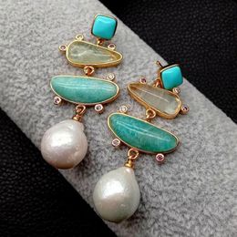 YYGEM Natural geometric Turquoise ite Prehnite White Pearl Stud Earrings gold Filled office style for women231S