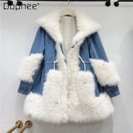 Womens Fur Faux Imitation Denim Stitching Parka Female Winter Fleece Lined Padded AllMatching CottonPadded Jacket Women 231018