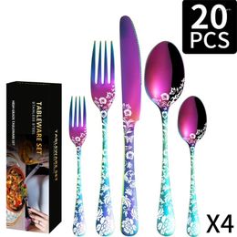 Dinnerware Sets 20 Pcs Unique Floral Silverware Flatware Cutlery Set Stainless Steel Utensils Include Knife Fork Spoon Dishwasher Safe