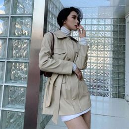 Women's Leather 2023 Autumn Mid-length Women Faux PU Jacket With Belt Beige Black Streetwear Casual Long Sleeve Female Motorcycle