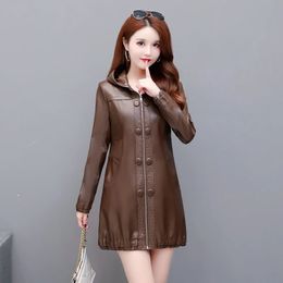 Women's Leather Faux Leather Fashion Large Size 3XL 4XL Women's Leather Jacket Long Coat Female Spring And Autumn Ladies Clothing Hooded Outerwear 231018