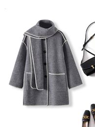 Winter Trench Coat Women Scarf Coat Loose Casual coat Wool Double-sided Tweed Coat Gift Scarf